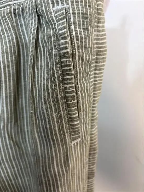 By Anthropologie Pants Womens XSmall Green Stripe 100% Linen Pull On Ankle Crop - Picture 7 of 16